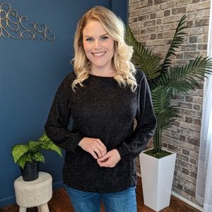 Charcoal fleece long sleeve top. Sizes small, medium, large